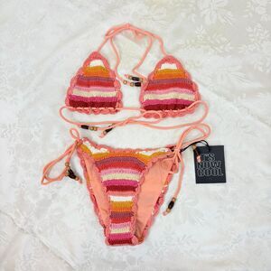 Free People Movement Crochet Stripe Bikini Set Boho Tie Side Beaded Size XS/S